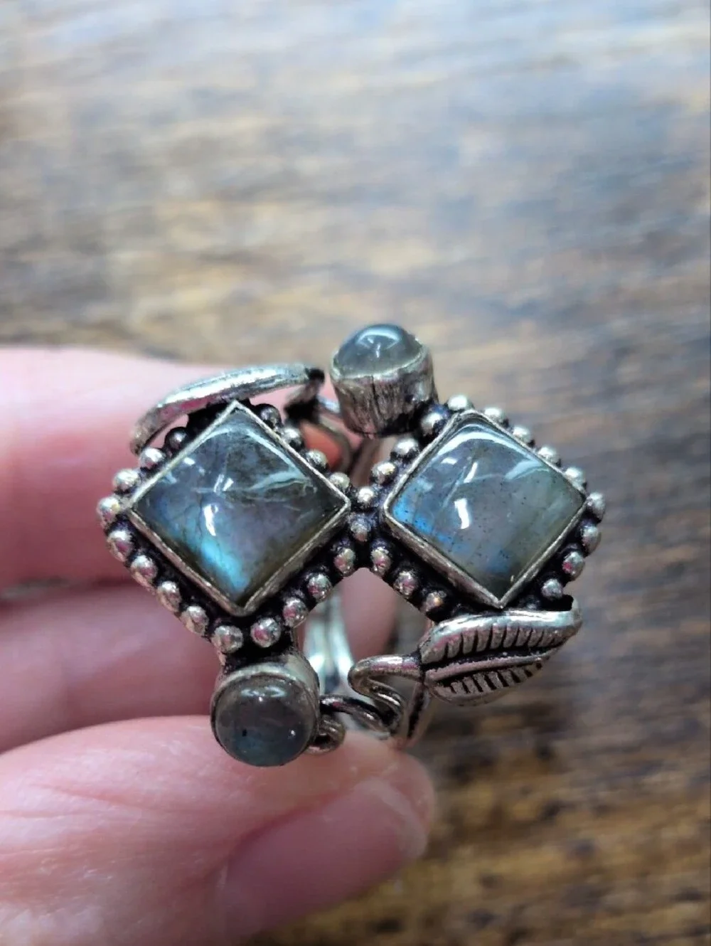 Labradorite Double Square Statement Ring - Silver Leaf Design